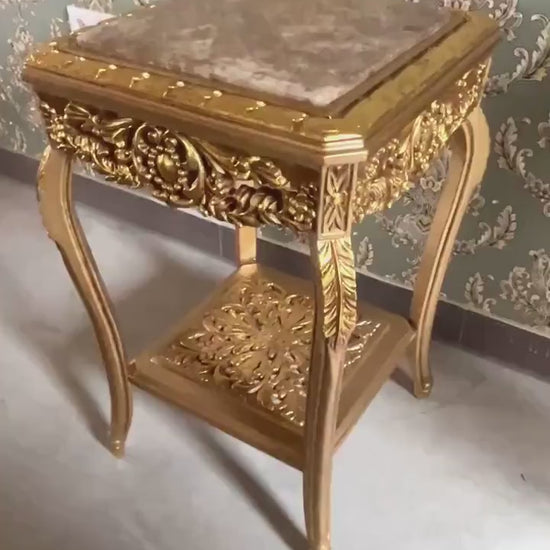 Baroque Marble Top Side Table: French Louis Style, Gold/Beige Finish