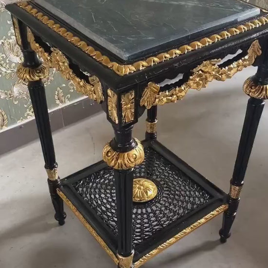 Baroque Style Side Table: Gold Leaf Detail, Dark Green Marble Top