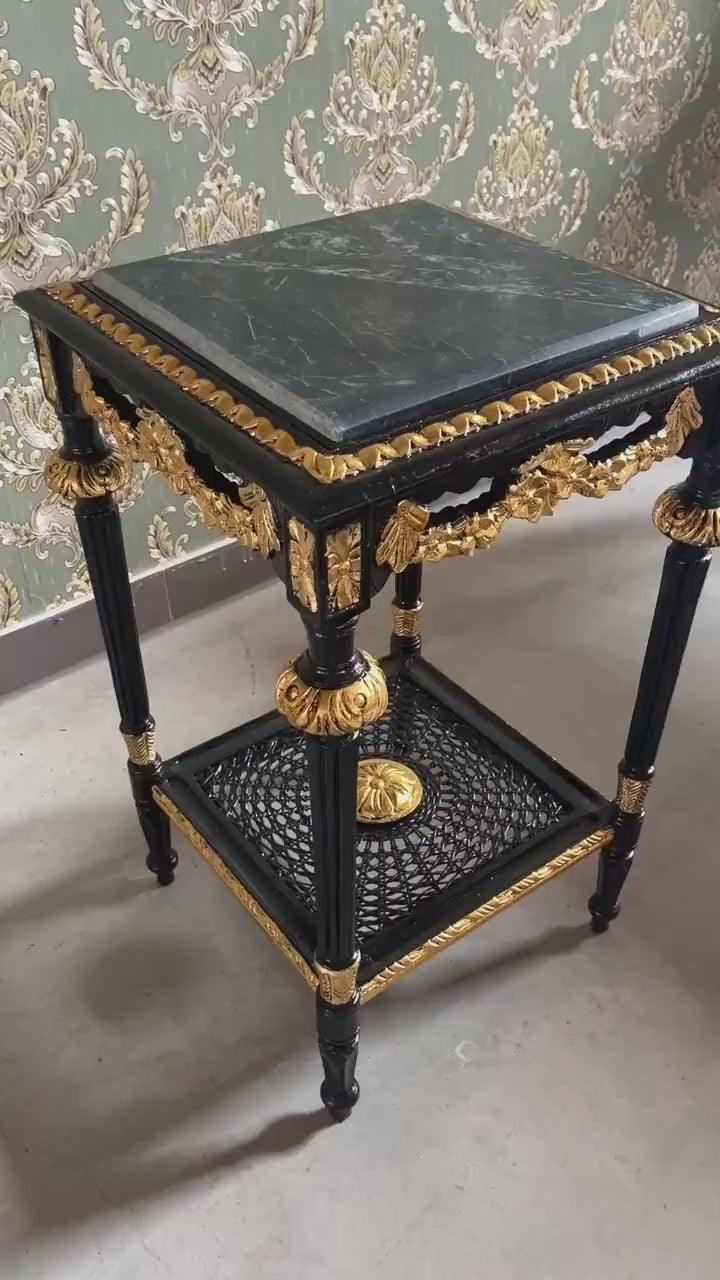 Baroque Style Side Table: Gold Leaf Detail, Dark Green Marble Top
