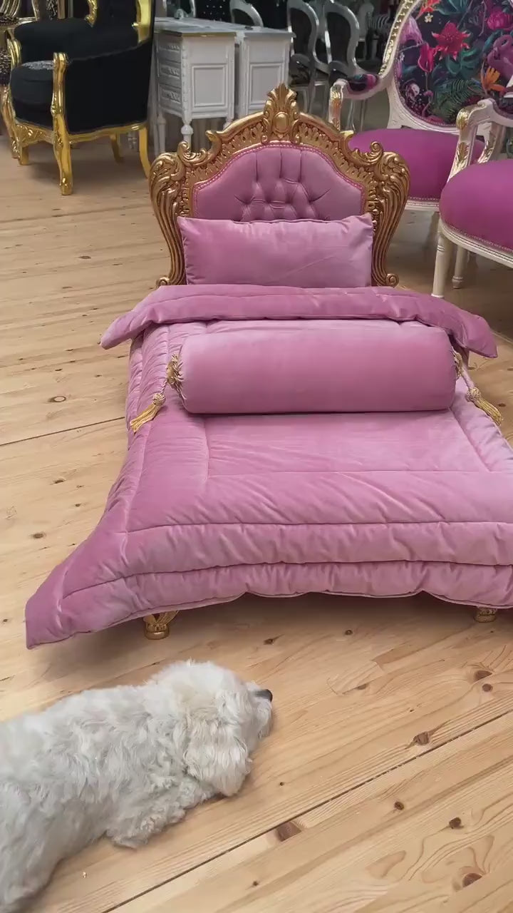 Pink Velvet French Baroque Pet Bed: Mid-Size Dog Bed with Blanket