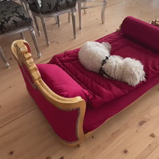 French Louis Baroque Pet Bed: Velvet Red & Gold, Large Dog Bed