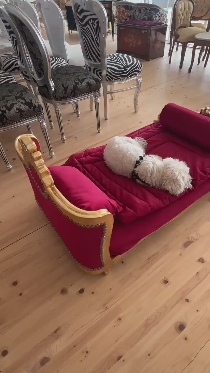 French Louis Baroque Pet Bed: Velvet Red & Gold, Large Dog Bed