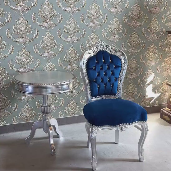 Blue Velvet Accent Chair: French Louis XV Baroque Style Dining Chair in Silver Finish