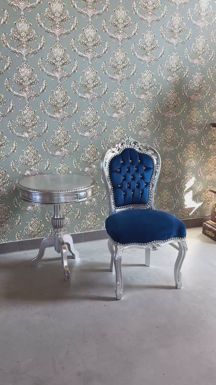 Blue Velvet Accent Chair: French Louis XV Baroque Style Dining Chair in Silver Finish