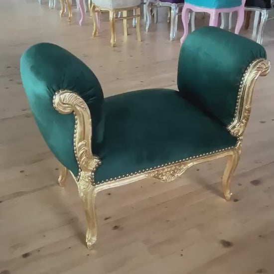 French Baroque Ottoman: Green Velvet & Gold Leaf Foot Stool