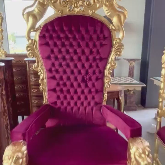 Handmade Velvet Lion King Throne Chair: Red & Gold Baroque Style