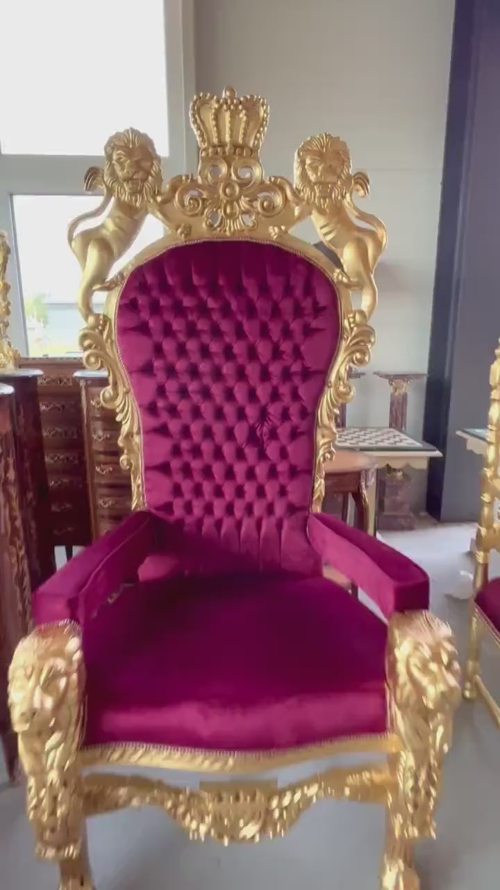 Handmade Velvet Lion King Throne Chair: Red & Gold Baroque Style