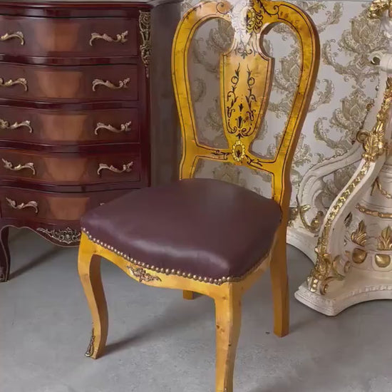 Handmade Baroque Dining Chair: Yellow Beech Frame, Brown Faux Leather Seat