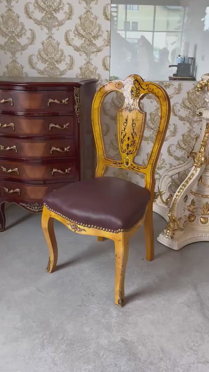 Handmade Baroque Dining Chair: Yellow Beech Frame, Brown Faux Leather Seat