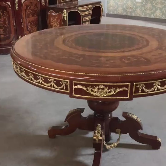 Antique Style Round Dining Table: Baroque Wood, Bronze Accents