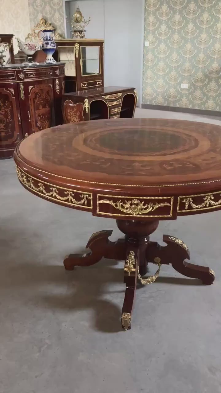 Antique Style Round Dining Table: Baroque Wood, Bronze Accents