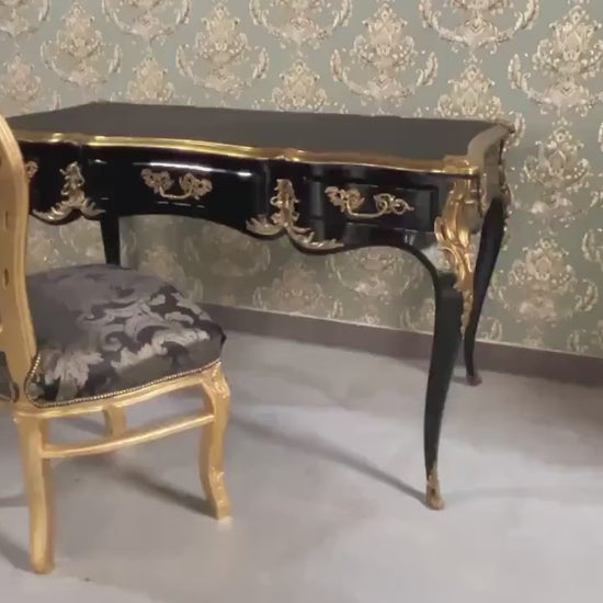 Luxurious Black Wooden Desk Antique Baroque Style Table with Bronze Ornaments at Edge Lacquered in Black - LIMITED EDITION
