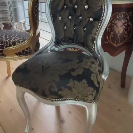 Small Chair French Baroque Rococo Style Retro Italian Style Kid’s Chair in Leopard Print Gold Finish Chair Black Flower Pattern Gold Finish