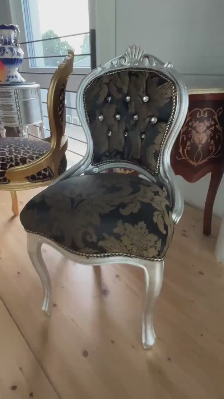 Small Chair French Baroque Rococo Style Retro Italian Style Kid’s Chair in Leopard Print Gold Finish Chair Black Flower Pattern Gold Finish