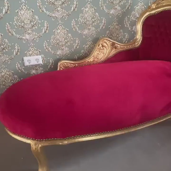 Chaise Longue Velvet Red French Louis XV Antique Style in Gold Frame Retro Baroque Style Bench Red Velvet for Bedroom Furniture Decor