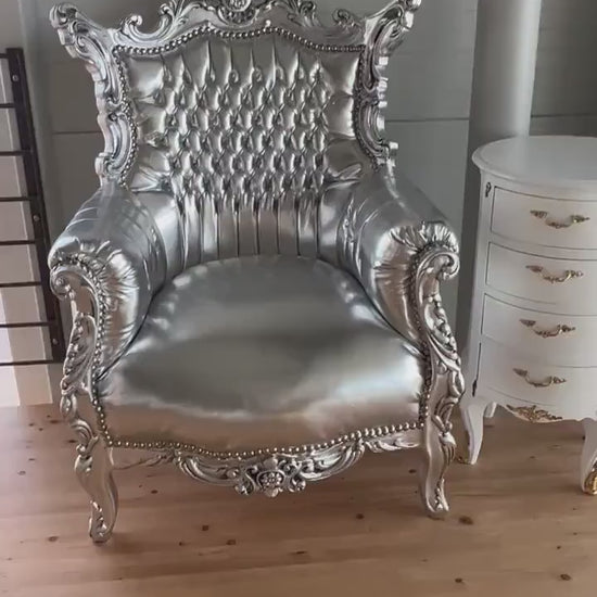 Silver French Louis Style Armchair: Baroque Rococo Living Room Chair