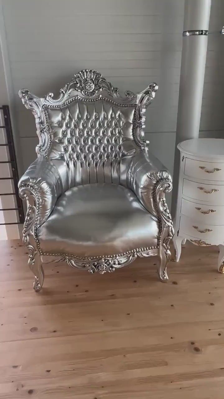 Silver French Louis Style Armchair: Baroque Rococo Living Room Chair