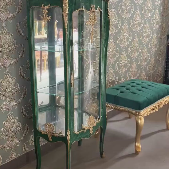 Emerald Green Display Cabinet: French Baroque Style, Marble Top