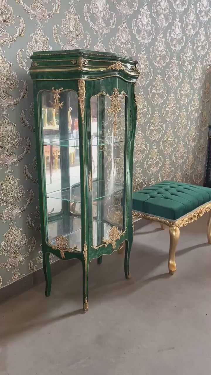 Emerald Green Display Cabinet: French Baroque Style, Marble Top