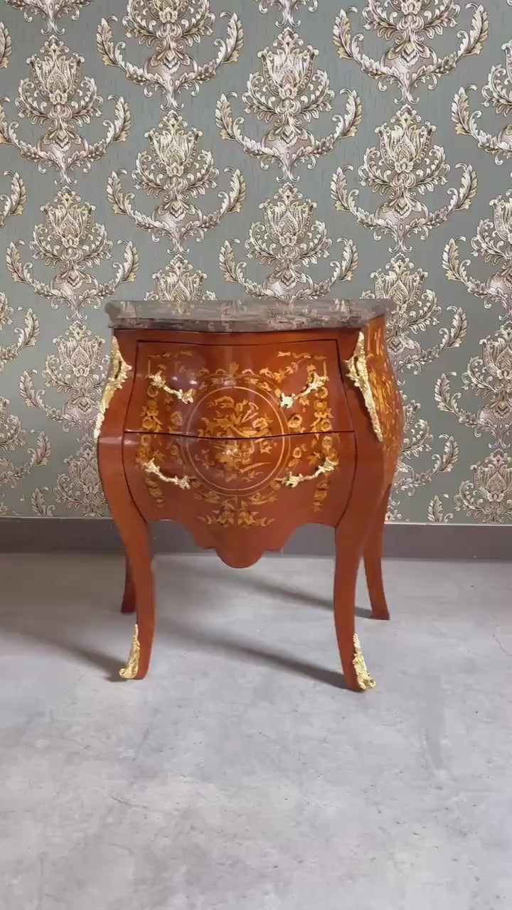 Glossy Chest of Drawer inlaid Wood Louis XV Style Dresser Marble Top Luxury Furniture