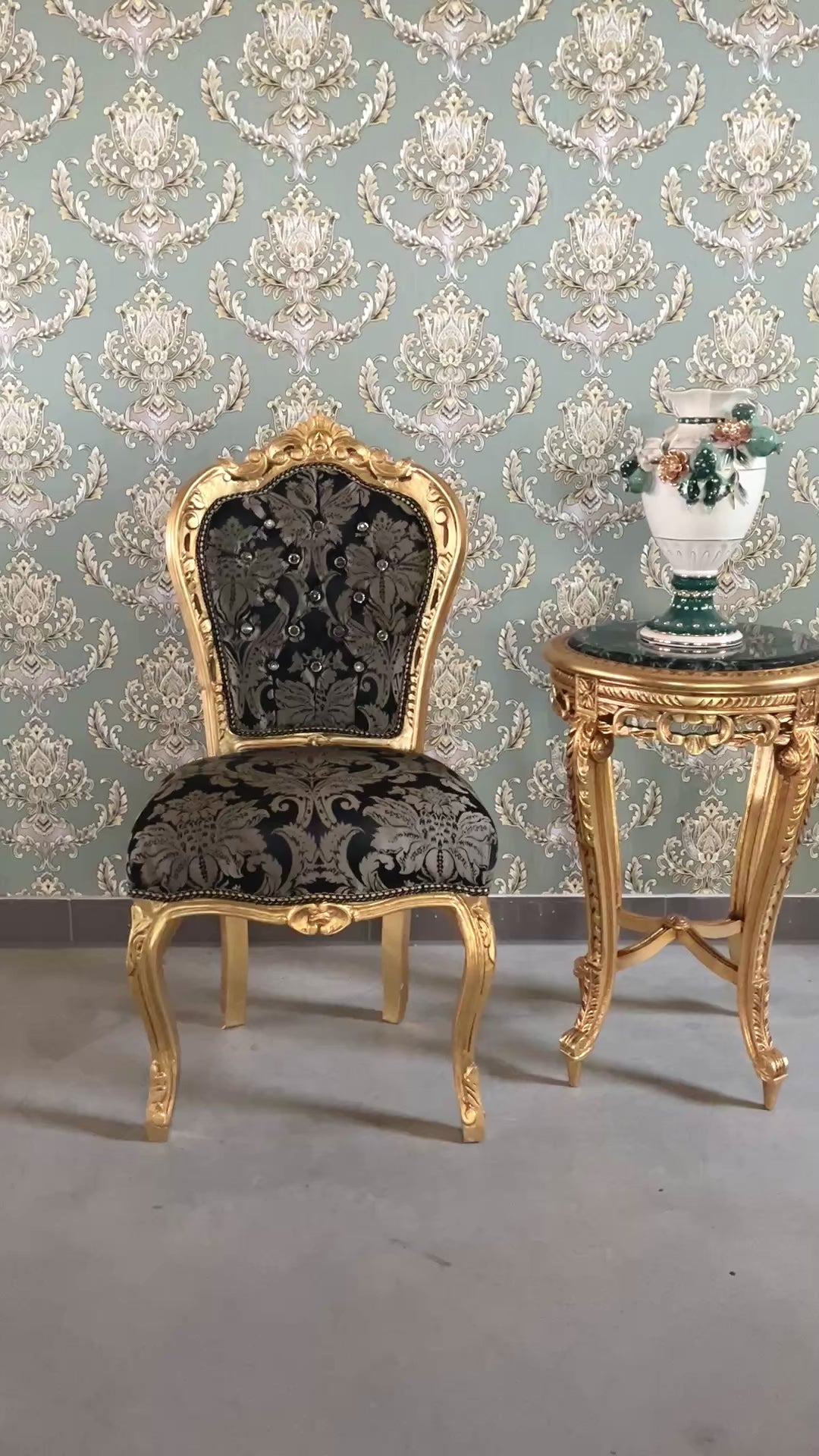 Baroque Accent Chair Black Floral Dining Chair in Gold Finish Retro French Style