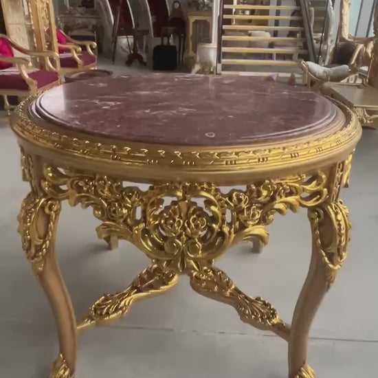 Baroque Rococo Style Marble Top Round Table - Gold Finish