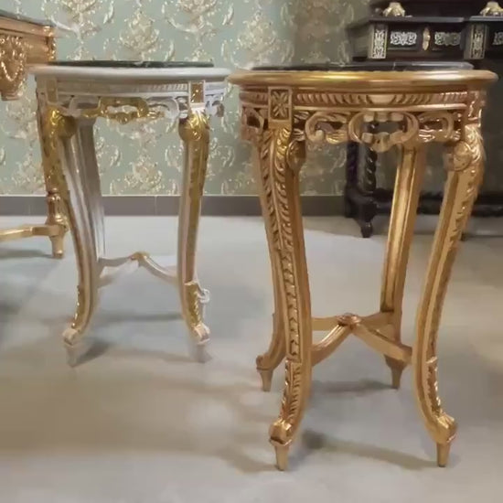 French Baroque Style Side Table: Gold Finish, Green Marble Top
