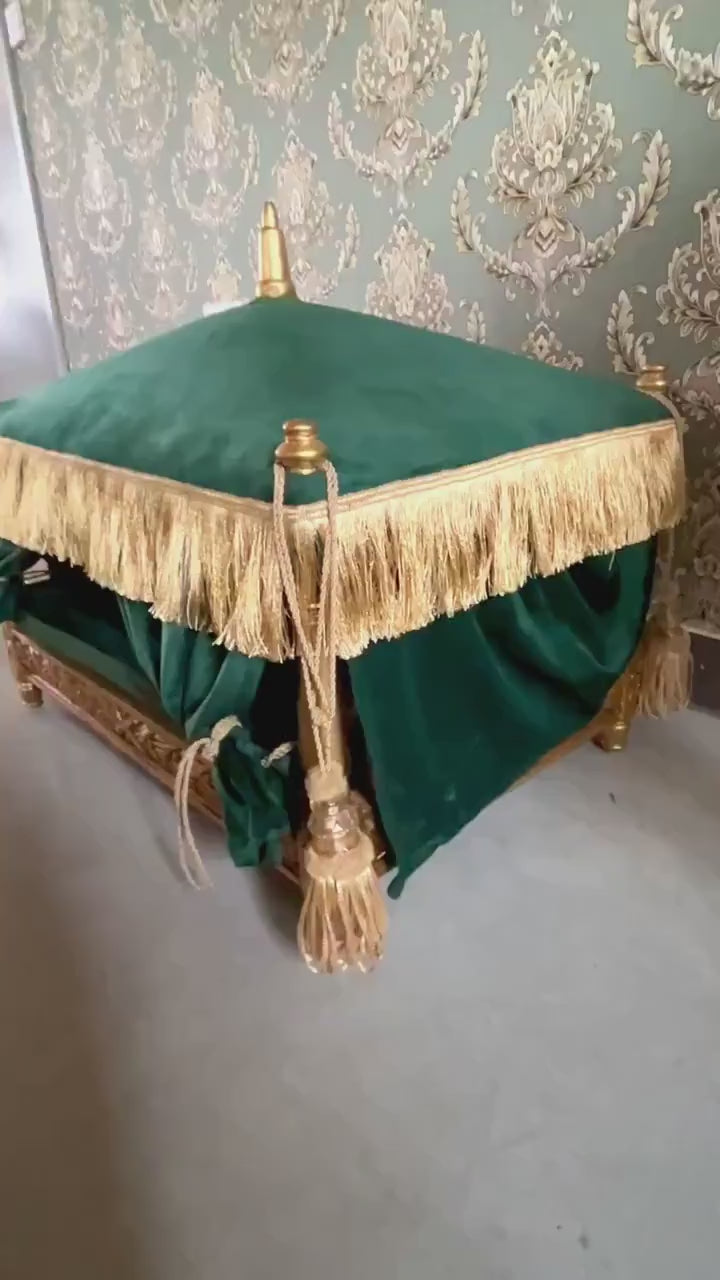 French Baroque Pet Bed: Emerald Velvet, Gold Finish, Detachable Roof