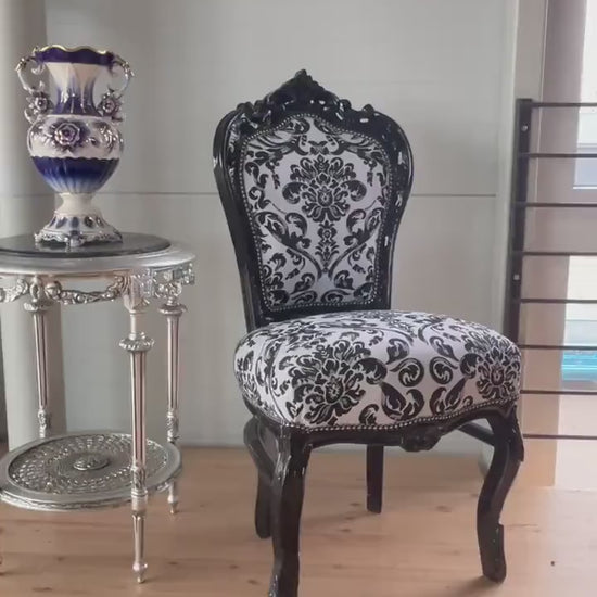 French Louis XV Baroque Dining Chair: Black Floral, Gold Leaf & Crystal