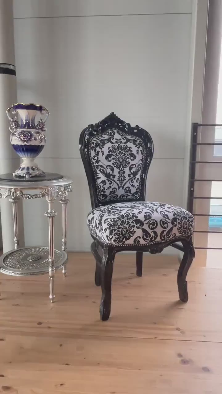 French Louis XV Baroque Dining Chair: Black Floral, Gold Leaf & Crystal