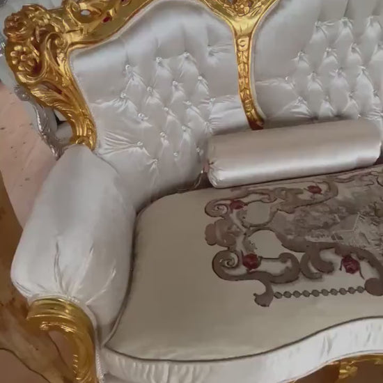 French Louis XV Style Sofa Set: Ivory Velvet, Marble Table, Retro Baroque