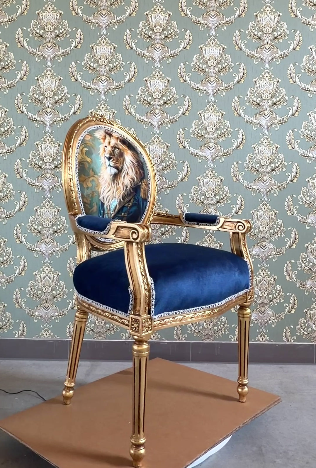 Royal Accent Armchair Baroque Funky Chair Blue Velvet Lion King Print Luxury Furniture