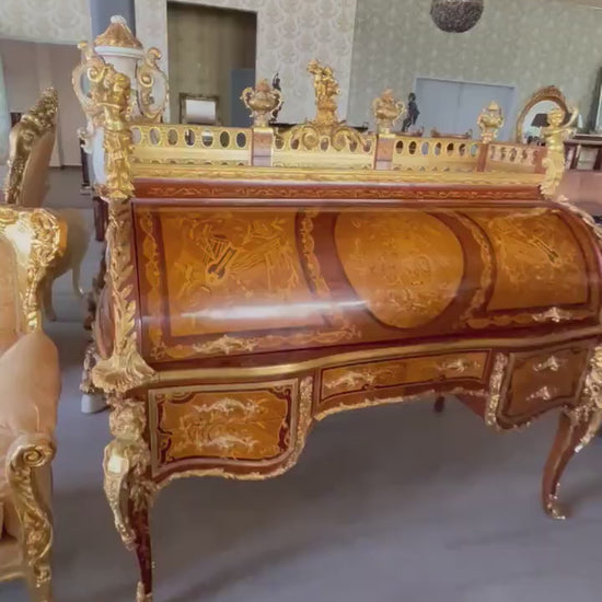 Handcrafted Baroque Style Secretary Desk with Organizer Shelf: Royal Antique Style, Bronze Ornaments Decor