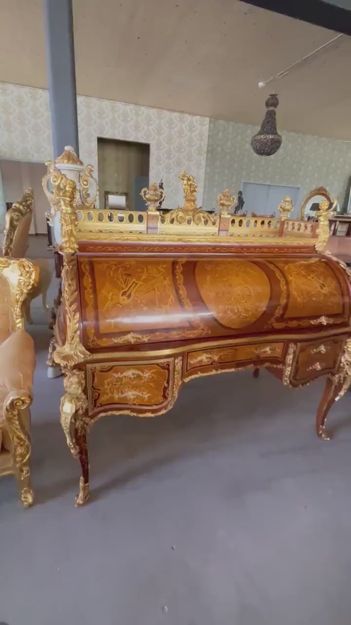 Handcrafted Baroque Style Secretary Desk with Organizer Shelf: Royal Antique Style, Bronze Ornaments Decor