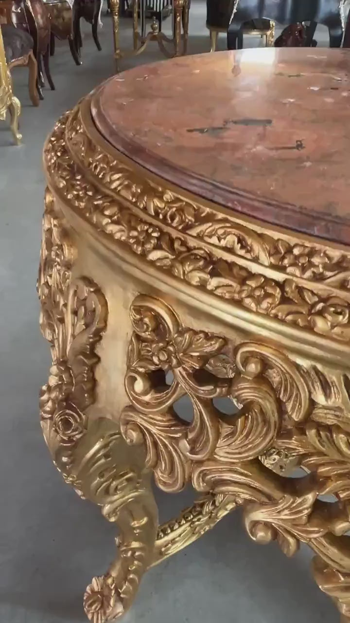Royal Baroque Style Marble Top Table: French Antique Gold Accent