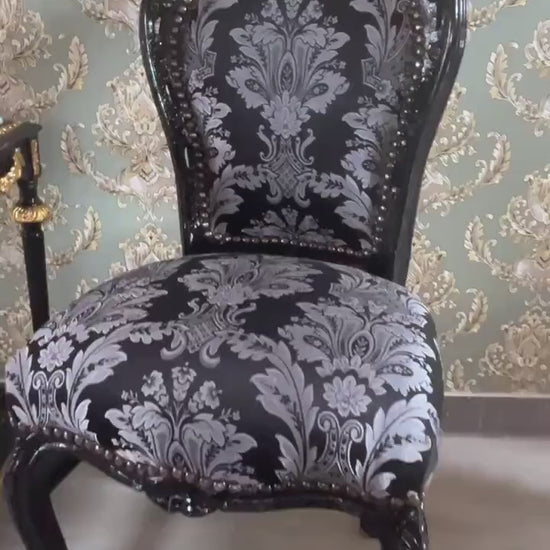 Accent Chair Black Colour French Louis Dining Chair in Black Floral Pattern Retro Baroque Rococo Style Chair for Home Décor