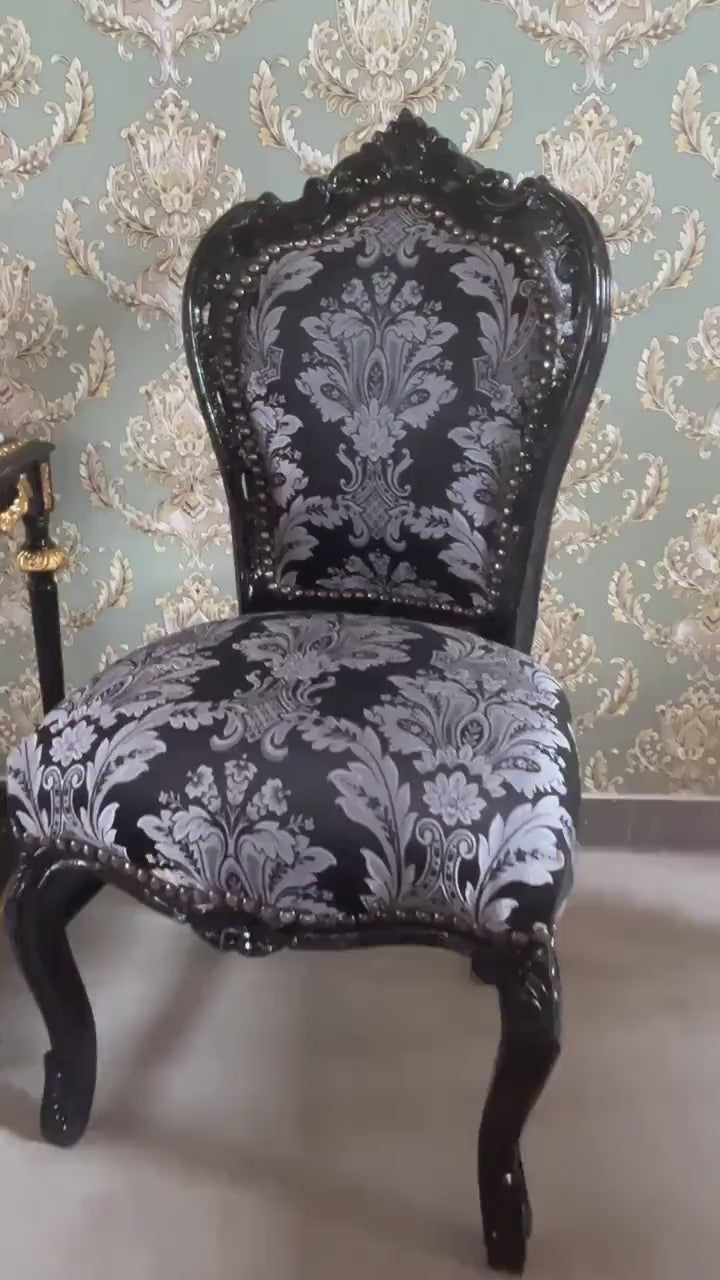 Accent Chair Black Colour French Louis Dining Chair in Black Floral Pattern Retro Baroque Rococo Style Chair for Home Décor