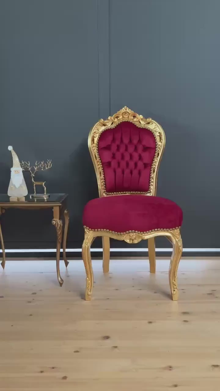 Santa Red Velvet French Louis XV Dining Chair: Baroque Rococo Gold Accent Chair