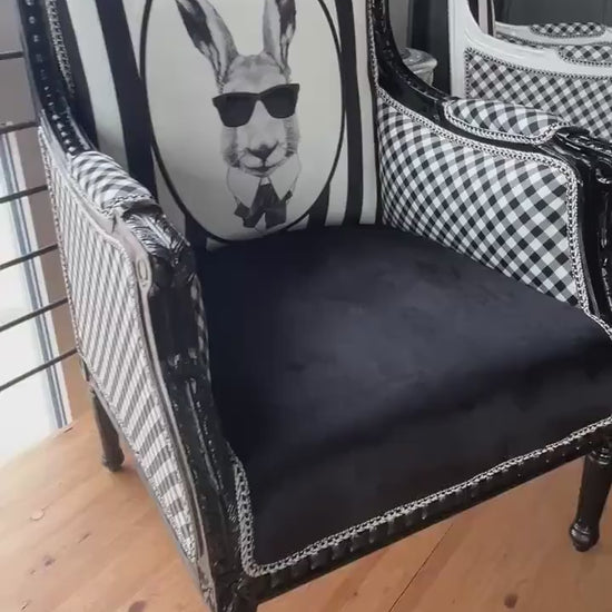 Baroque Style Velvet Armchair: Black & White Rabbit Print, Handcrafted Beech Wood