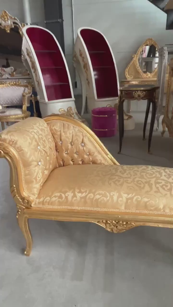 French Louis Style Chaise Lounge: Gold Baroque Ottoman Bench