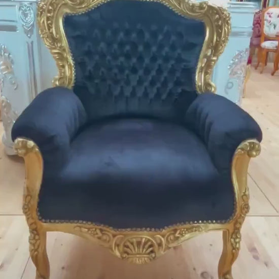 Black Velvet French Rococo Armchair: Gold Finish Living Room Chair
