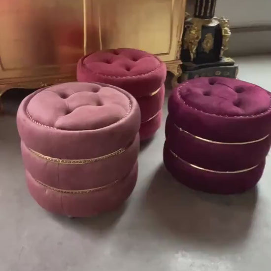 Pouf Nostalgic French Marcaron Shape Ottoman Cute Handmade Stool for Home Decor in Velvet Berry, Rosa ,Burgundy