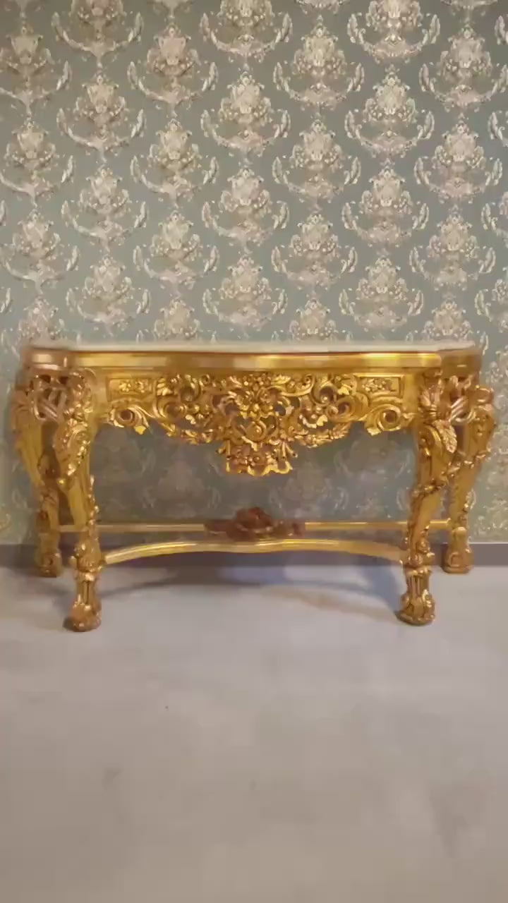 Luxury Gold Console Handcrafted Antique Rococo Style Table in Solid Wood Marble Top