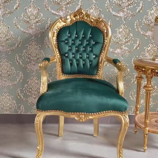 Louis XV Style Armchair: Green Velvet French Rococo Chair