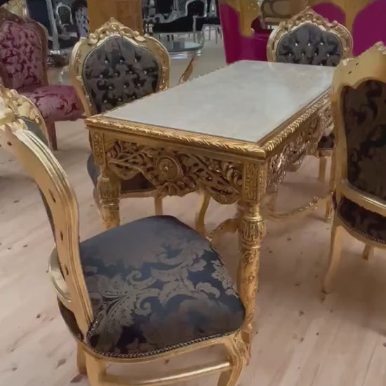 French Baroque Dining Table: Gold Leaf & Beige Marble Slab