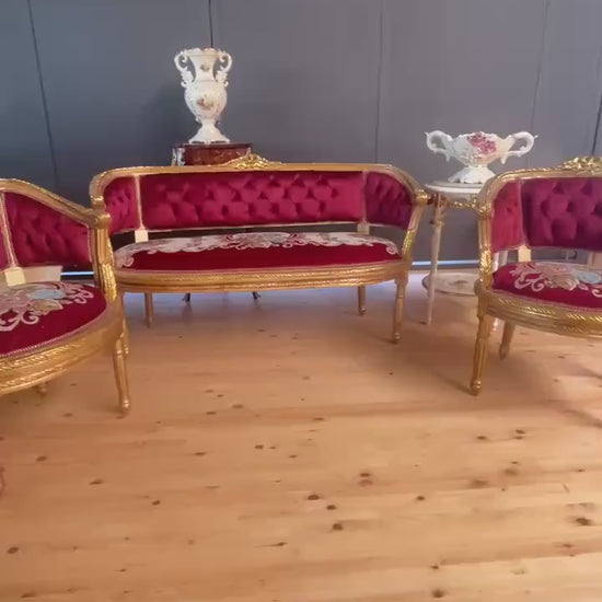 French Baroque Style Sofa Set: Bordeaux Velvet, Gold Leaf, Marble Table