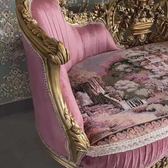 Lounge Couch Royal Baroque Style Bench in Rose Pink Velvet French Antique Style Love Seat Gold Finish for Xmas Decor Homewarming Party Event