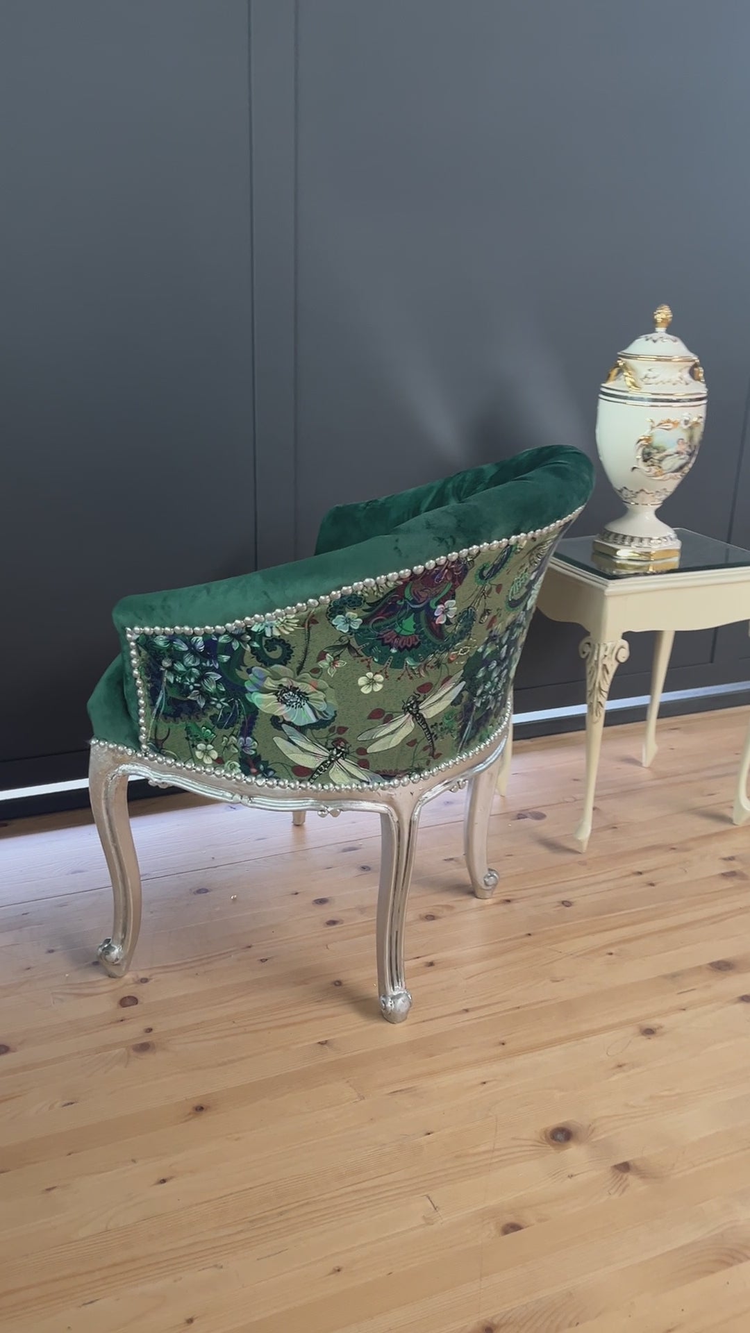 French Accent Bar Chair Tufted Velvet Armchair Dragonfly Print Glam Furniture