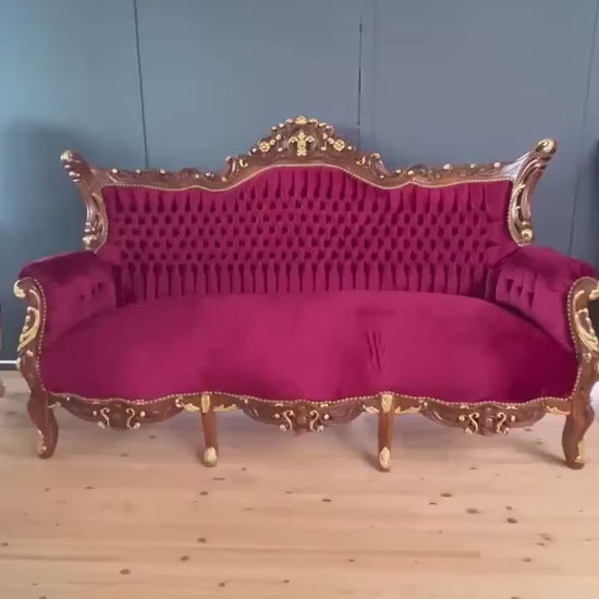 Red Velvet Baroque Sofa: French Style 3-Seater Couch