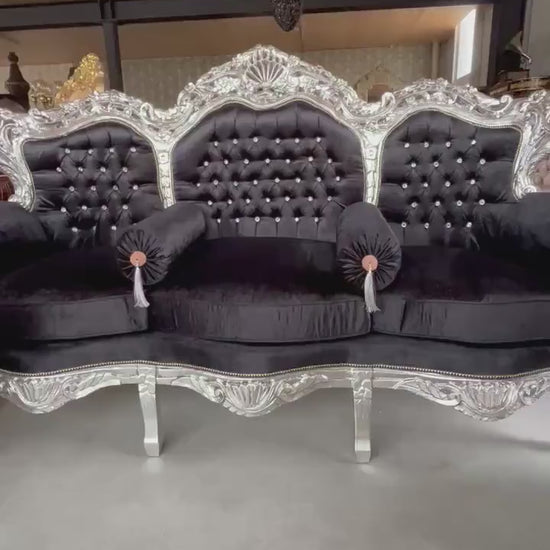 Baroque Sofa Set: French Louis Style, Silver & Black Velour